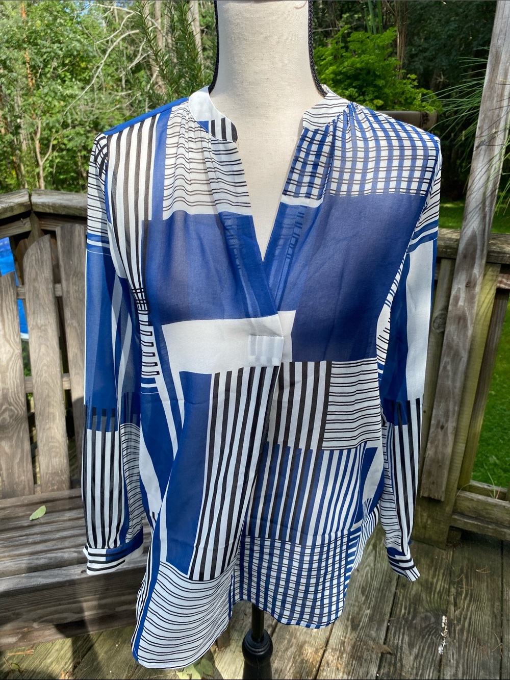 LOFT Navy, White and Black Geometric V-Neck Blouse